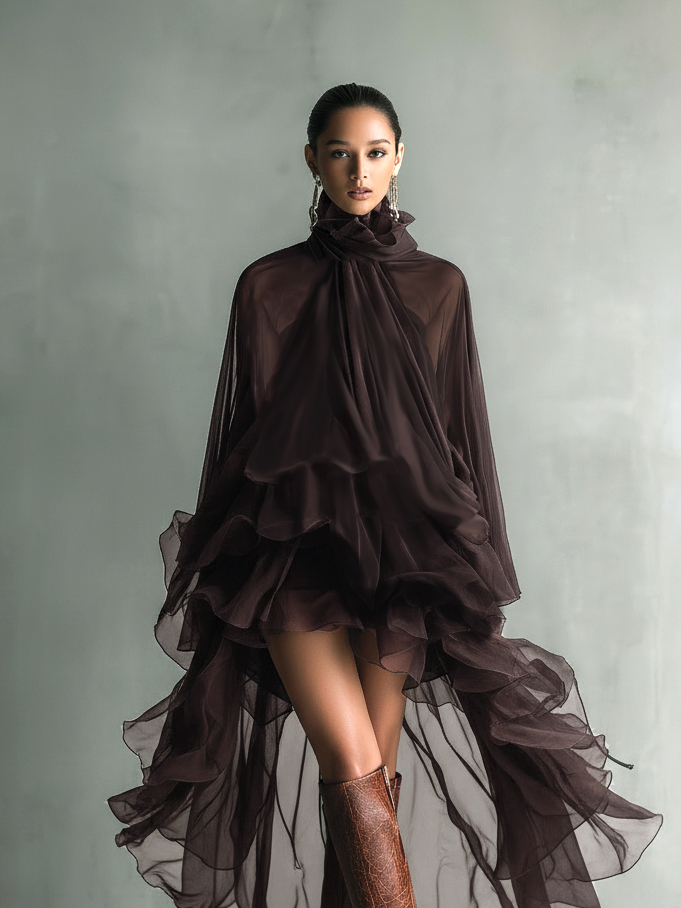 Sheer Chiffon High-Low Layered Dress with Turtleneck and Long Sleeves