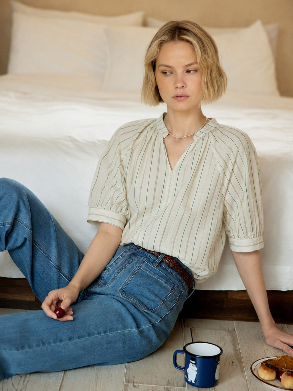 Stripe Band-Collar Blouse
