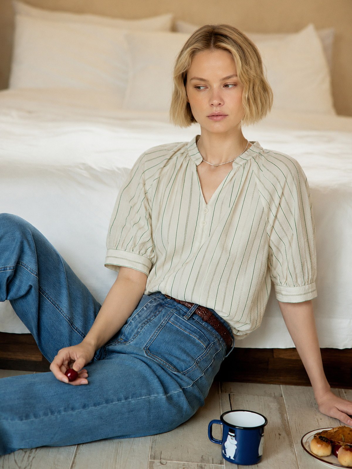 Stripe Band-Collar Blouse