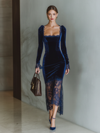 Robe midi en dentelle de velours à manches longues et encolure carrée pour femme, élégante robe de soirée