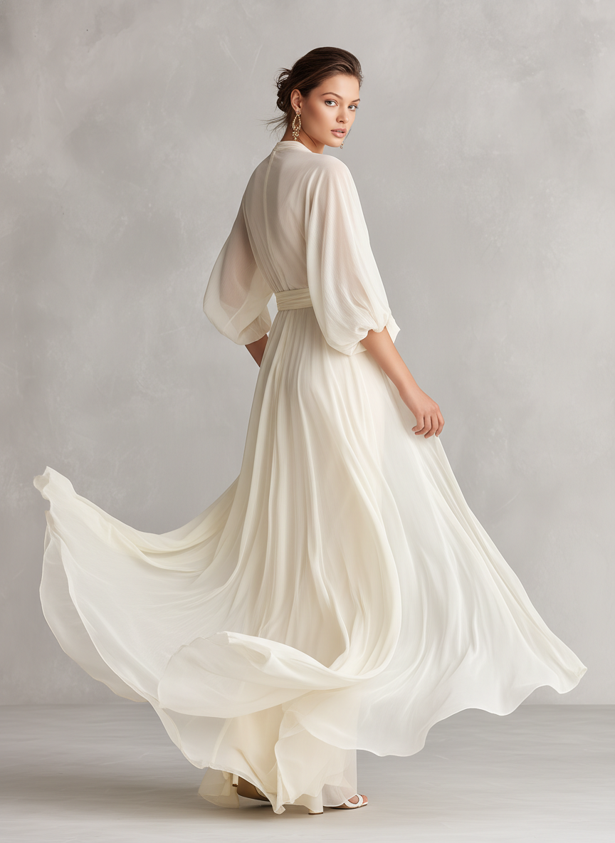 Chiffon Wrap Maxi Dress with V-Neck and Flowing Sleeves