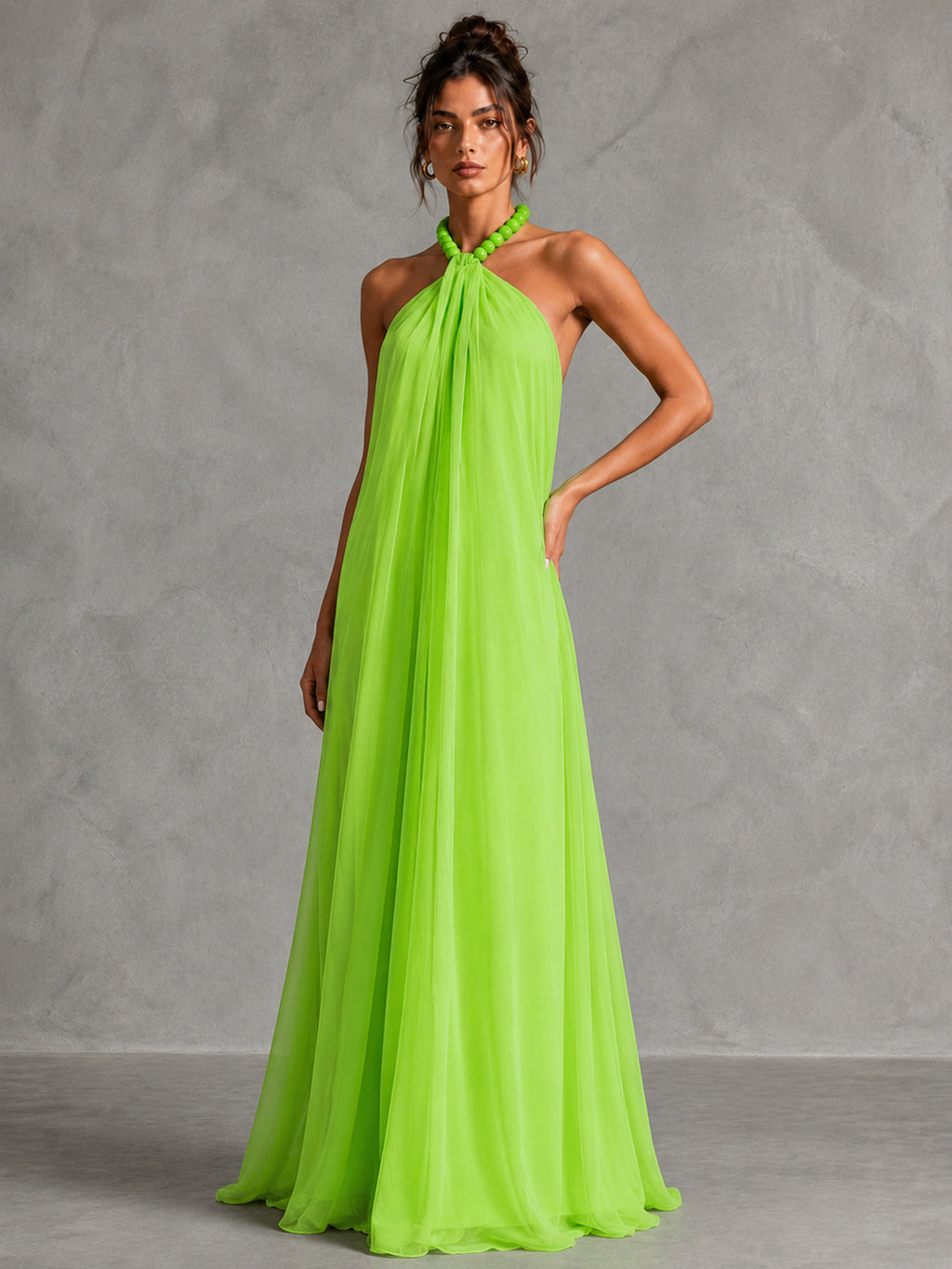 Beaded Halter Pleated Maxi Dress