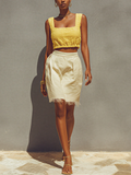 Linen Blend Square Neck Crop Top & Fringed Mini Skirt Set - Boho Summer Outfit for Women