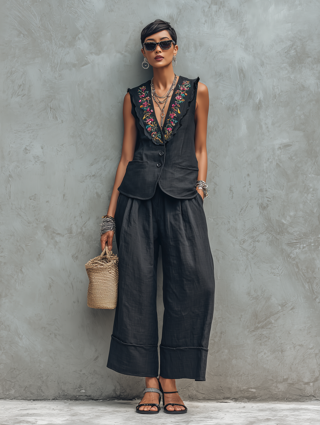 Linen Embroidered Sleeveless Vest & Wide Leg Pants Set for Women Boho Chic Summer Outfit with Floral Trim and Relaxed Fit