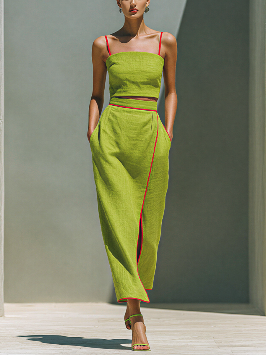Linen Two-Piece Set Women's Summer Crop Top and High-Waisted Midi Skirt with Red Trim Strappy Sleeveless Outfit