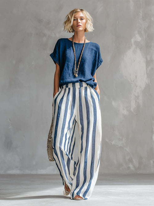 Blue Striped Linen Wide Leg Pants