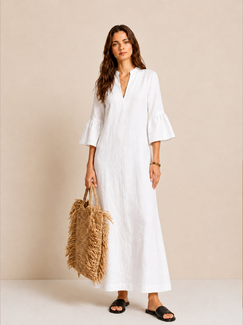 V-Neck Bell Sleeve Linen Dress