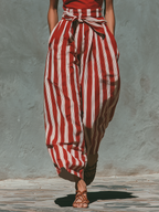 Pantalon palazzo rouge rayé en coton et lin avec taille à nouer et taille haute pour femme, style bohème estival
