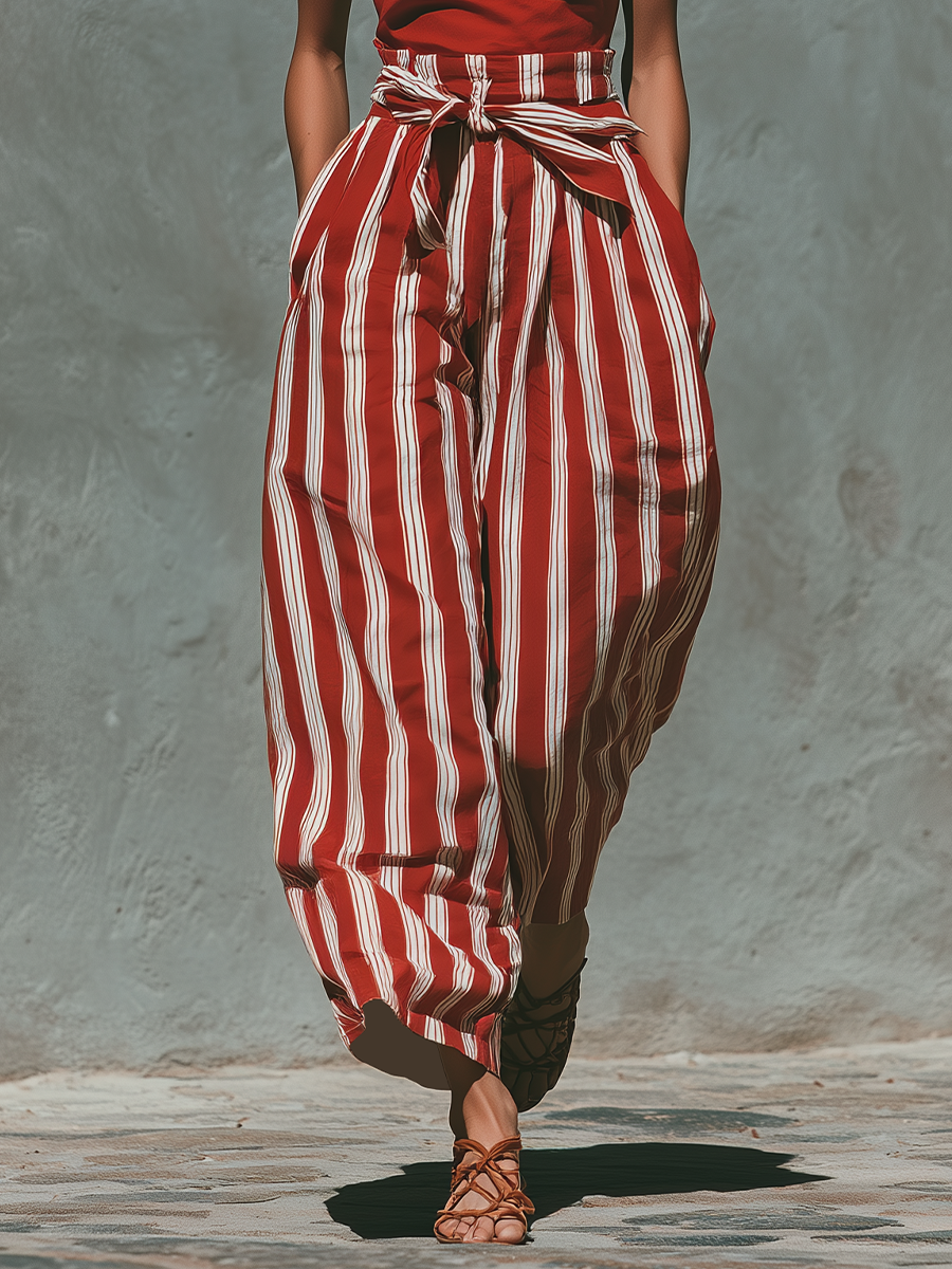 Cotton Linen Red Striped Wide Leg Pants with Tie Waist High Waisted Palazzo Trousers for Women Summer Boho Fashion