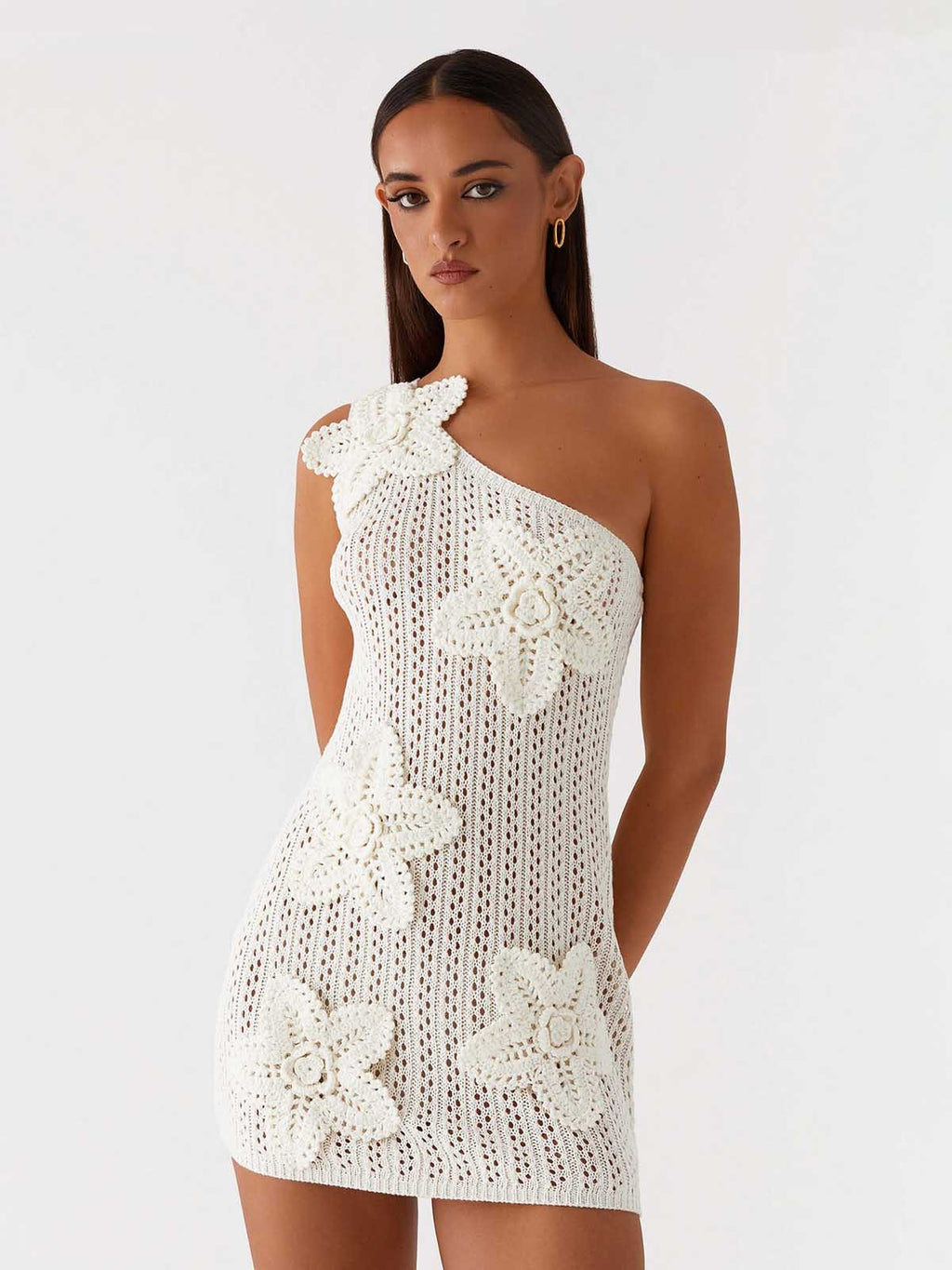 One Shoulder Crochet Mini Dress