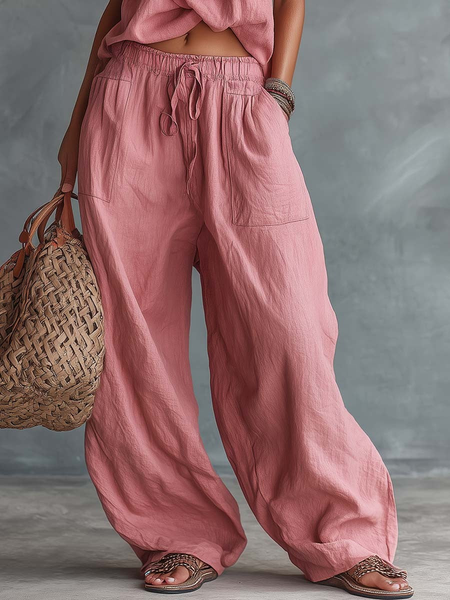 Linen Women's Boho Halter Top and Wide Leg Pants Set - Summer Casual Loose Fit Two Piece Outfit