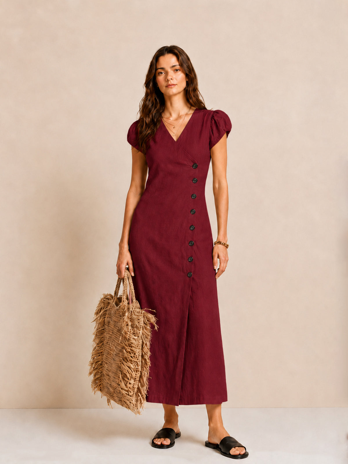 Asymmetric Button Puff Sleeve Dress