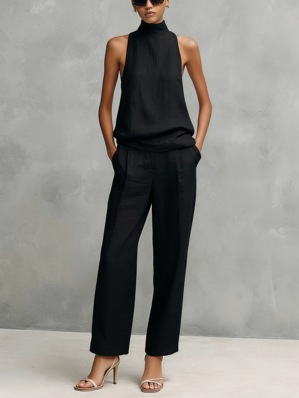 Linen Blend High Neck Sleeveless Top with Wide Leg Pants Set for Women