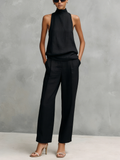 Linen Blend High Neck Sleeveless Top with Wide Leg Pants Set for Women
