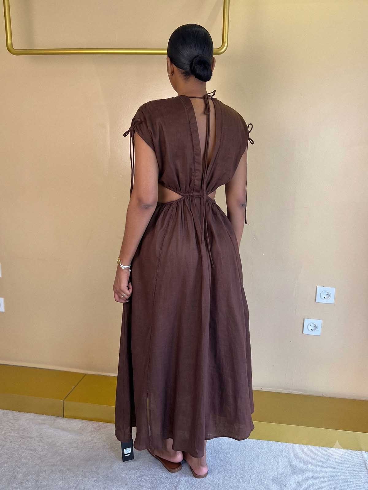 Linen V Neck Cut Out Midi Dress