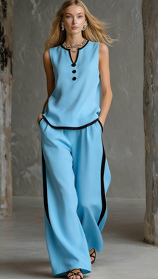 Contrast Trim Linen Sleeveless Top & Wide-Leg Pants Set