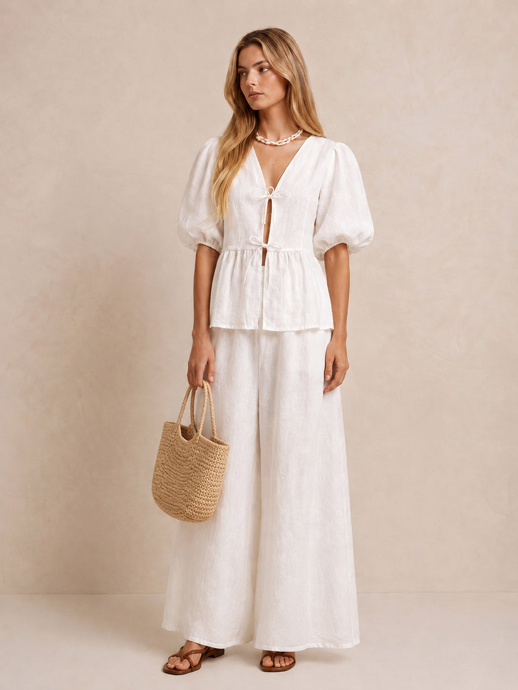 Puff Sleeve Tie Front Pants Set