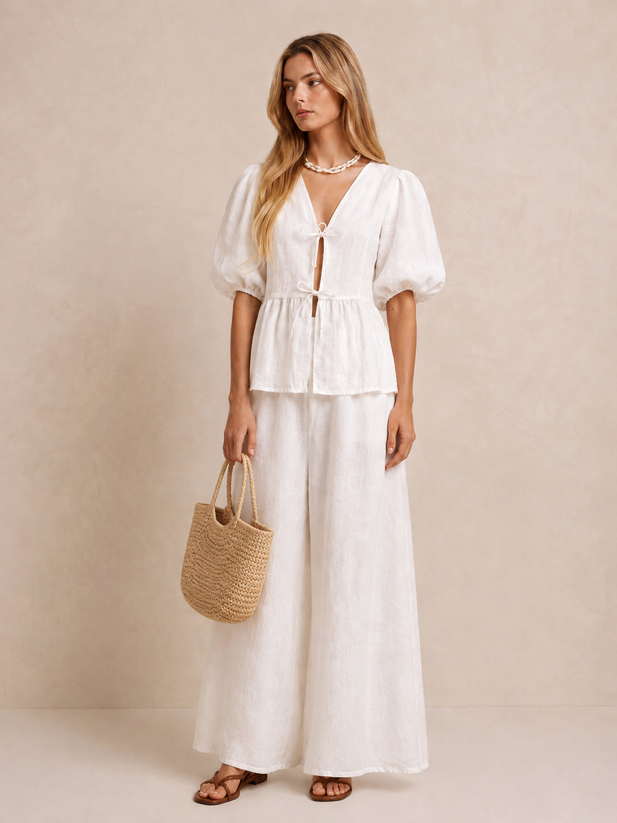 Puff Sleeve Tie Front Pants Set