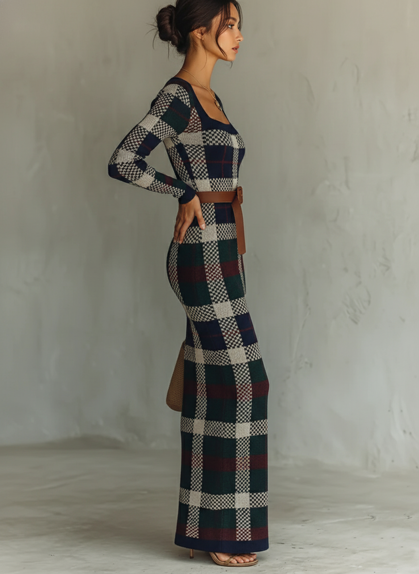Knitted Plaid Long Sleeve Jumpsuit with Square Neck and Belted Waist for Women