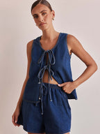 Denim Lace Up Shorts Set