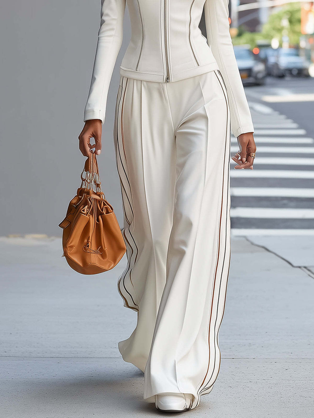 White Stand-up Collar Zip-up Wide-leg Pantsuit