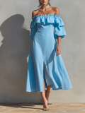 Cotton Off-Shoulder Ruffle Midi Dress with Side Slit and Puff Sleeves
