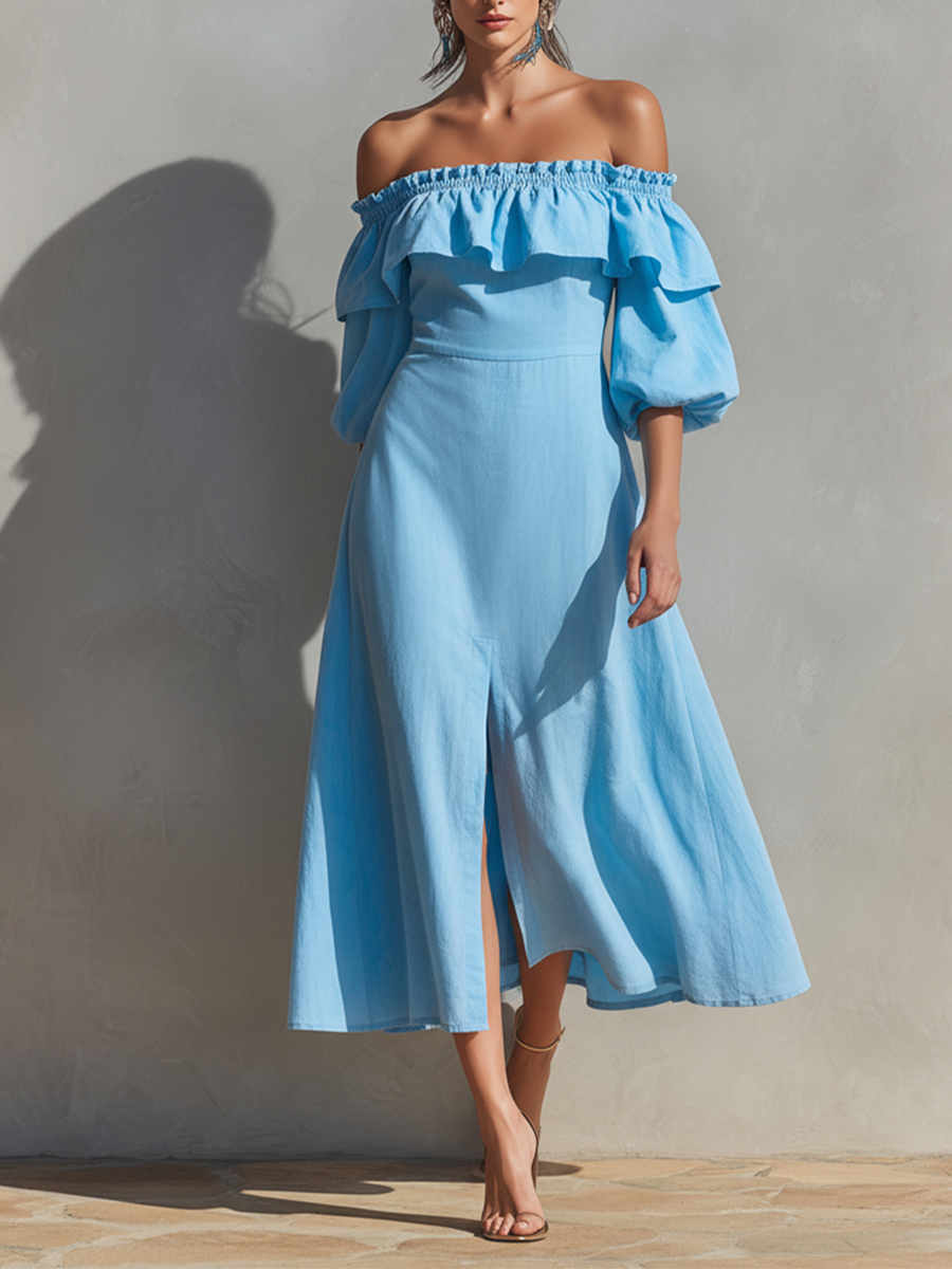Cotton Off-Shoulder Ruffle Midi Dress with Side Slit and Puff Sleeves