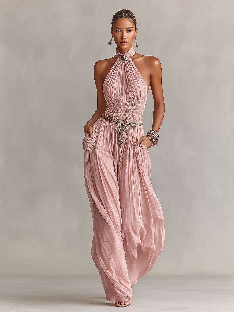 Chiffon Halter Maxi Jumpsuit with Pleated Design and Chain Belt for Women