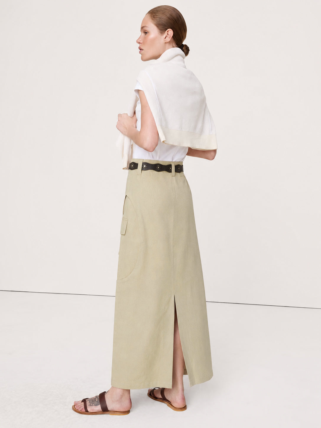 Curved-Seam Cargo Midi Skirt With Studded Belt