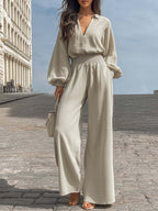 Ensemble en Lin Top Col V Manches Lanterne et Pantalon Large
