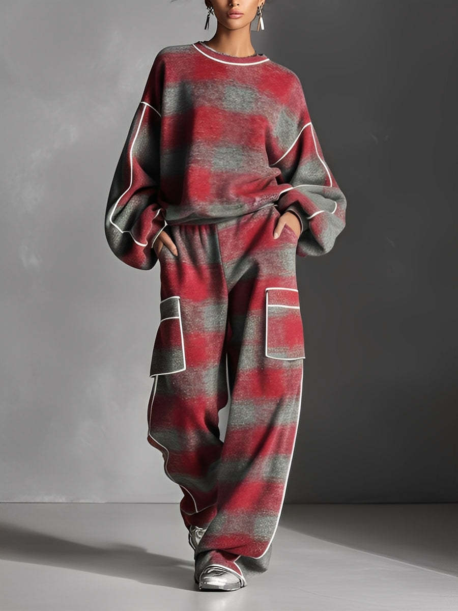 Fleece-Lined Plaid Oversized Sweater Set with Pockets and Ribbed Hem