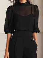 Schwarzes Chiffon-Top und weit geschnittene Hose Dreiteiliges Set
