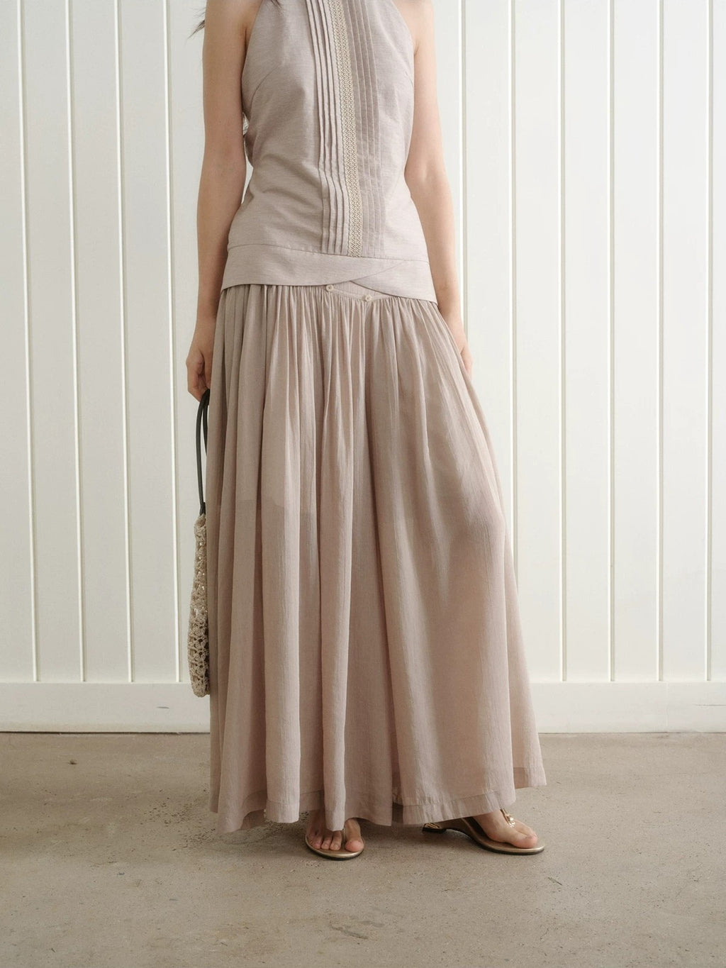 Button-Trim Gathered Midi Skirt