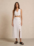 Button Slit Linen Midi Skirt