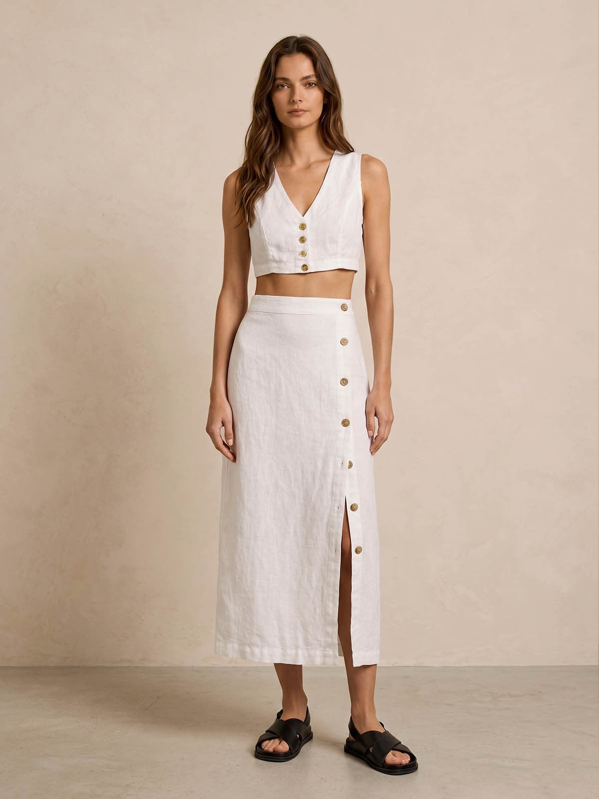 Button Slit Linen Midi Skirt