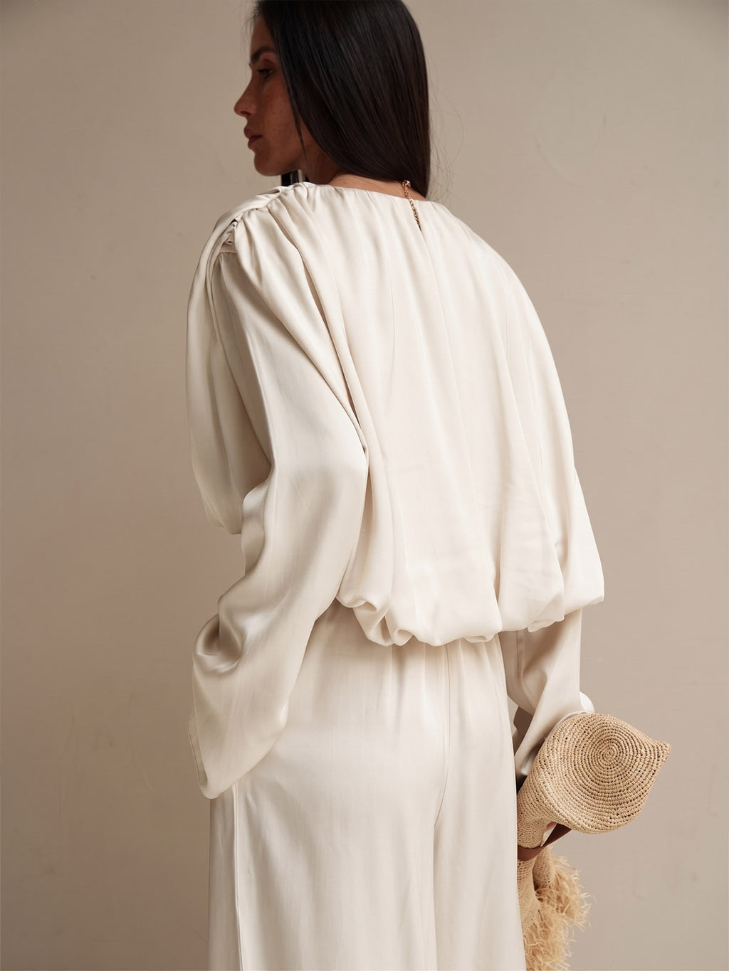 Satin Puff Sleeve Wide Leg Two-Piece Set
