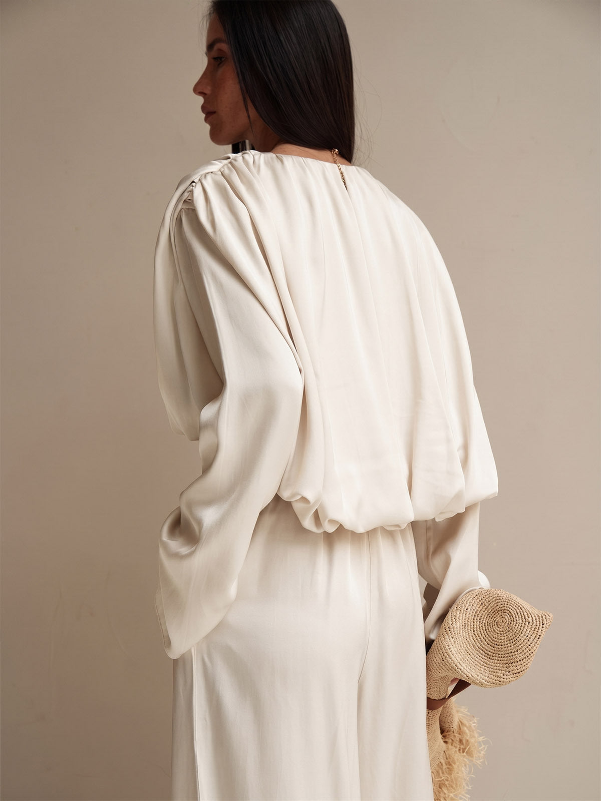 Satin Puff Sleeve Wide Leg Two-Piece Set