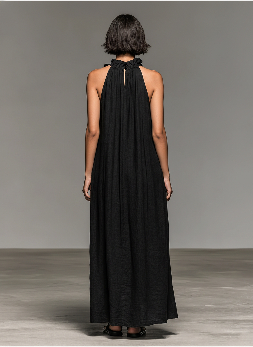 Ruffle Trim Halter Neck Sleeveless Maxi Dress