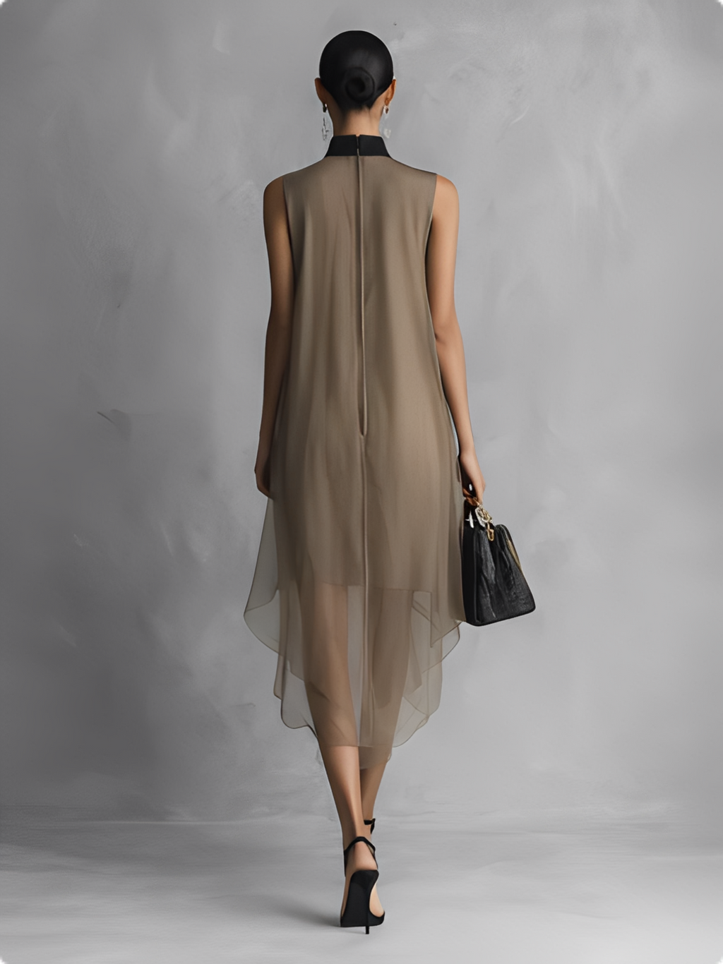 Sheer Chiffon Sleeveless Asymmetric Dress with Neck Tie Detail