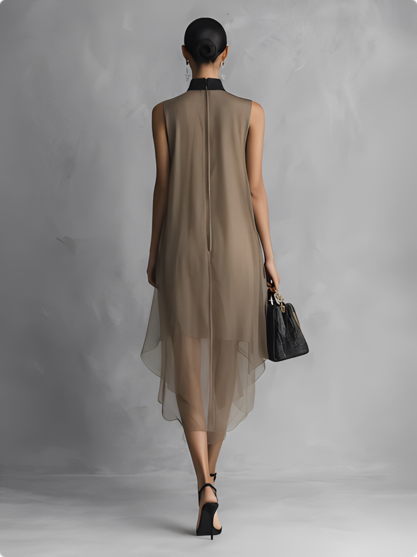 Sheer Chiffon Sleeveless Asymmetric Dress with Neck Tie Detail