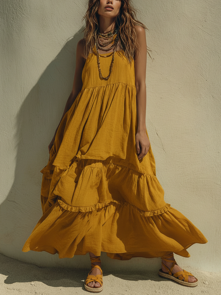 Linen Tiered Maxi Dress for Women - Boho Summer Beach Long Sleeveless Flowy Dress with Ruffles and Side Pockets