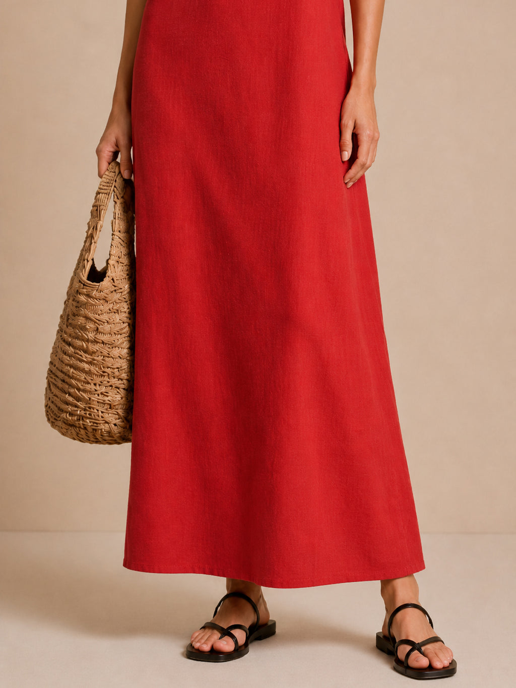 Red Linen-Blend Maxi Dress with Spaghetti Straps – Effortless Summer Elegance