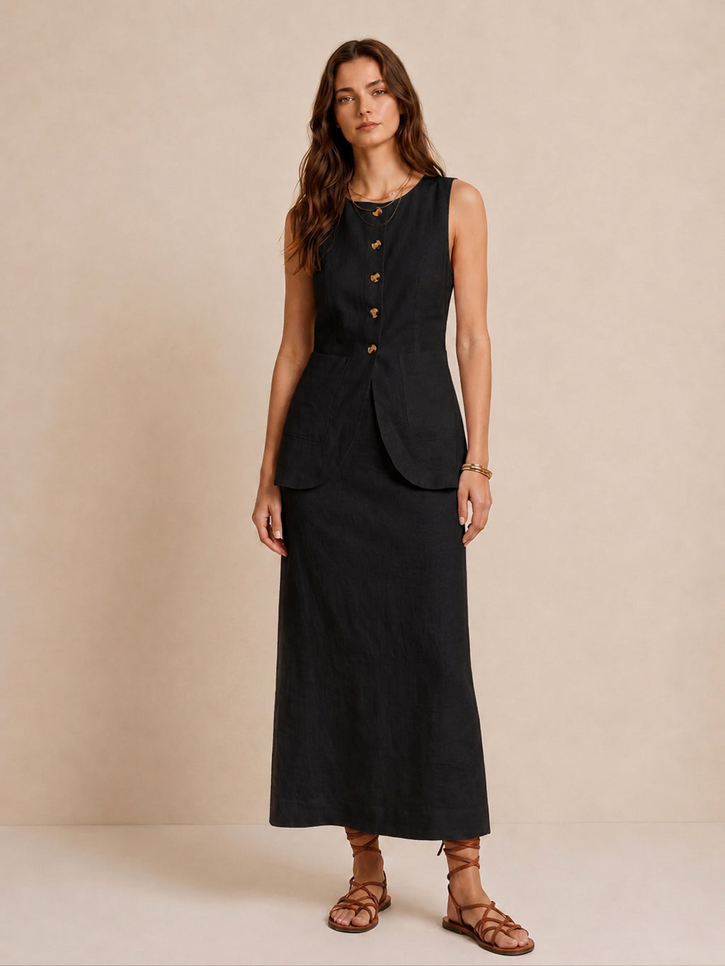 Sleeveless Button-Front Linen Vest Skirt Set