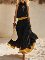 Black Chiffon Halter Neck Loose Yellow Fitted Waist Sleeveless Maxi Dress