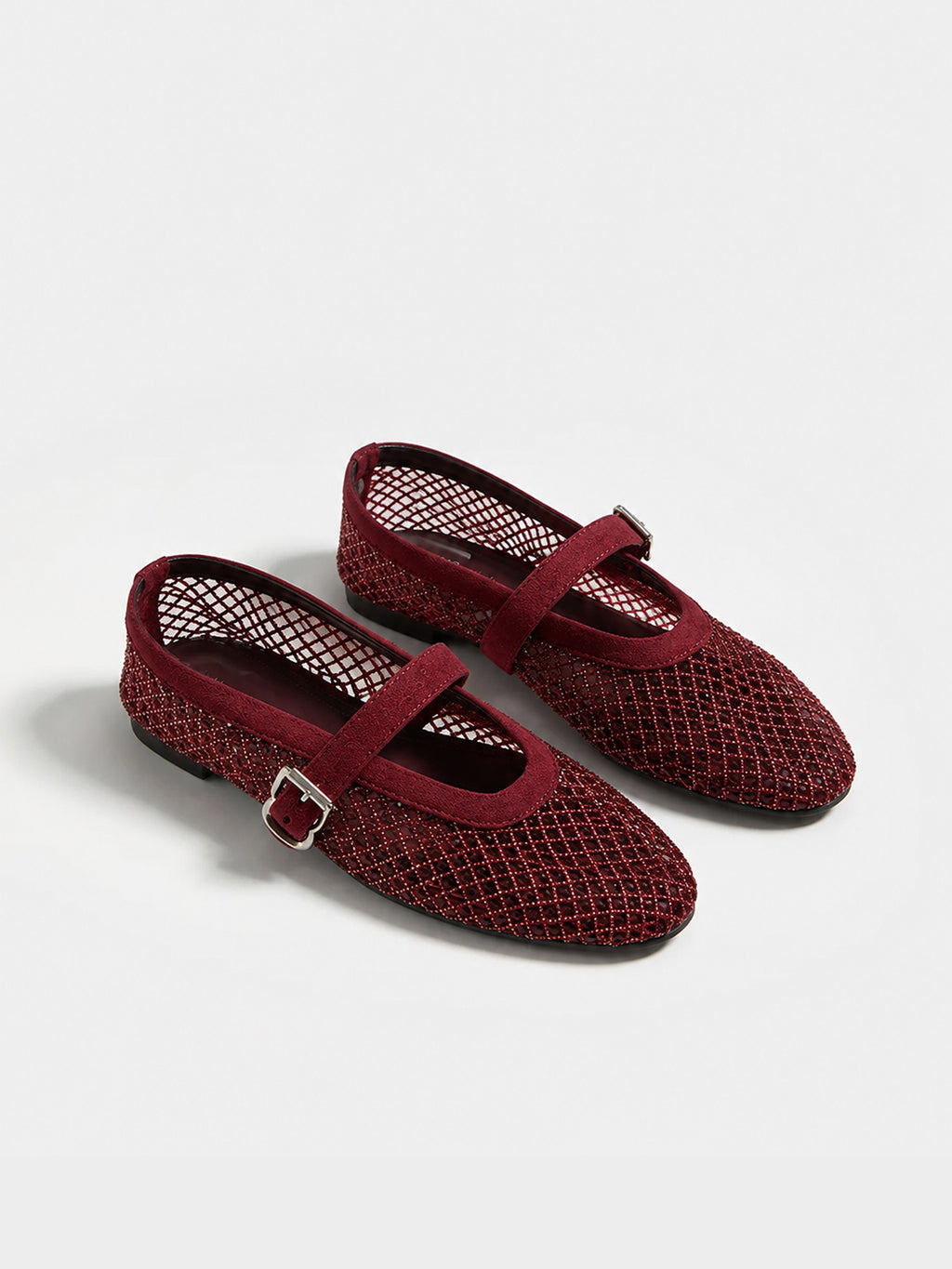 Mesh Mary Jane Flats – Faux Suede Sparkle Ballet Shoes