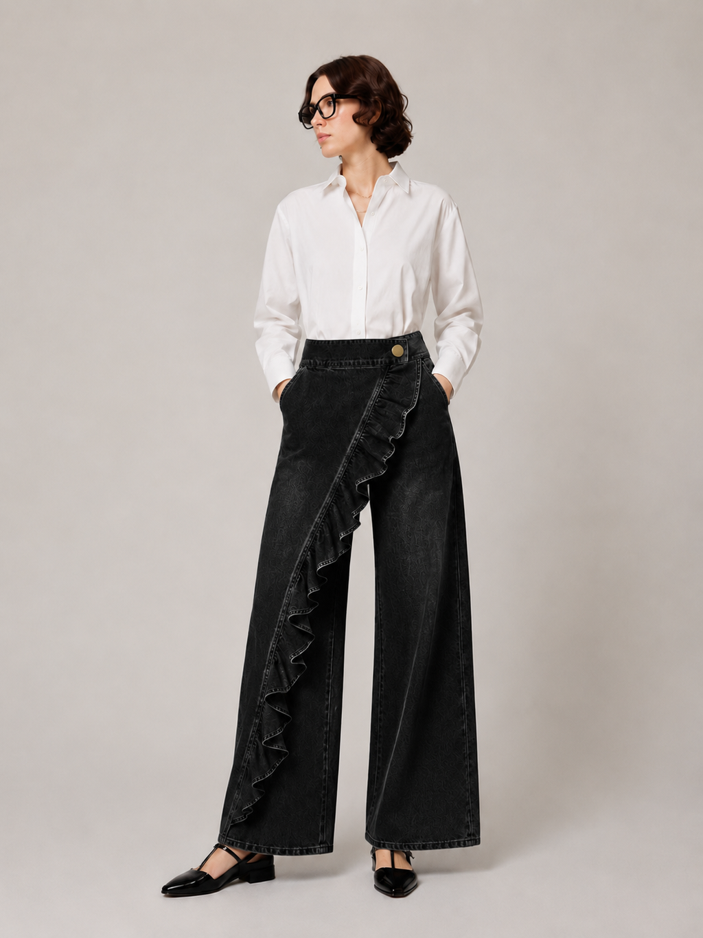 Asymmetrische Rüschen-Jeanshose