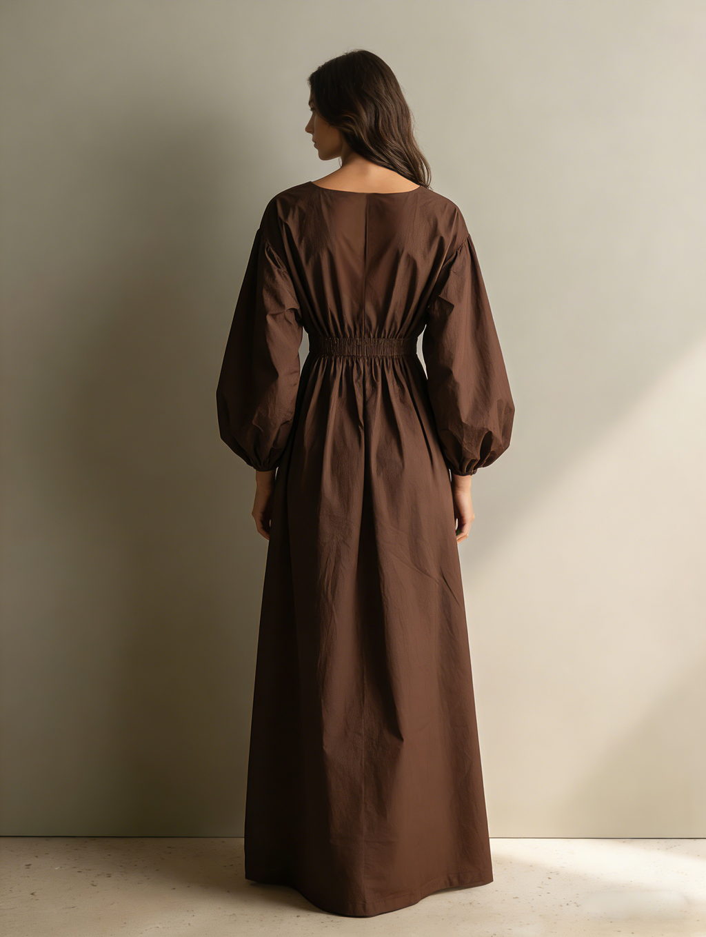 Cotton Linen Maxi Dress with Elastic Waist and Puff Sleeves