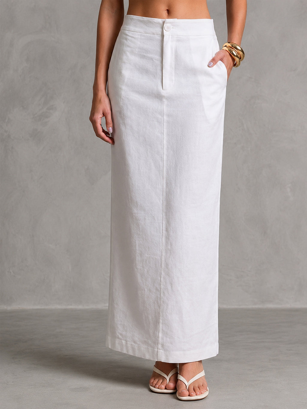 White Linen-Blend Sleeveless Cropped Top with Back Button Detail