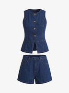 Denim Waist Cinch Shorts Set