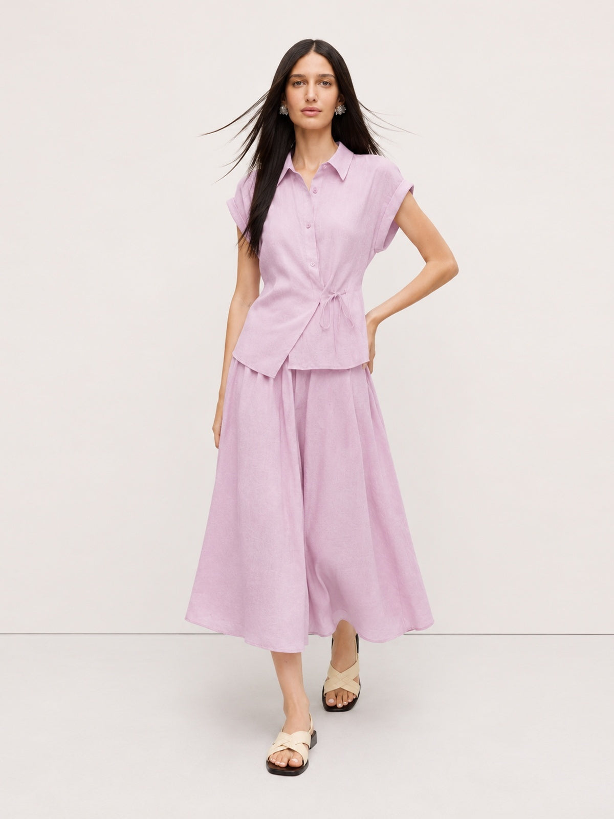 Tie-Waist Shirt And Full Midi Skirt Set